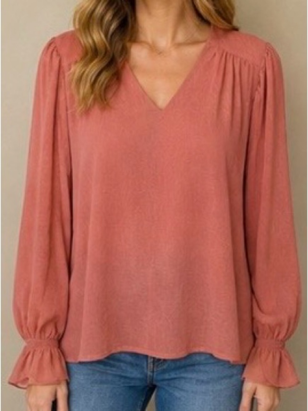 Entro Pink V-Neck Smocked Ruffle Cuff Blouse Size S
